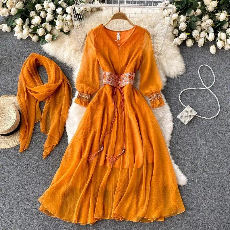 Chiffon V-neck Long Sleeve Vintage Dress