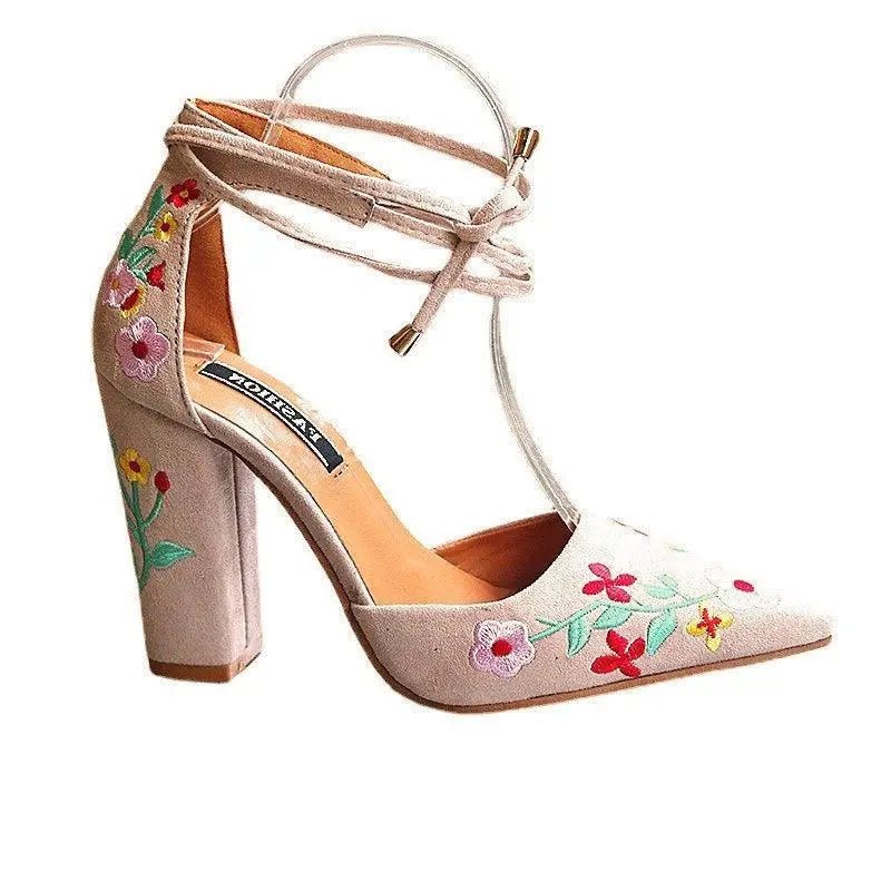 Floral Square heels Women Pumps - Beige - Mishastyle