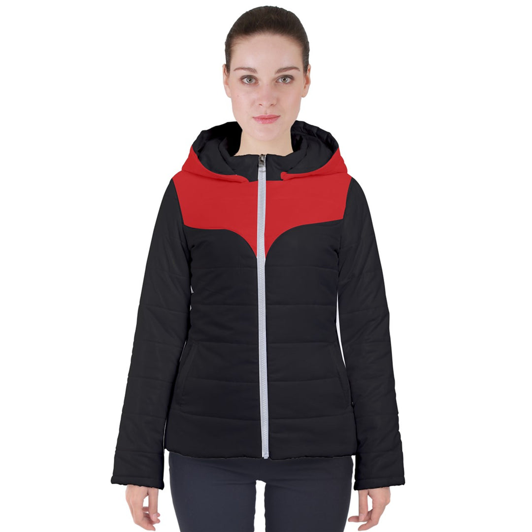Women's Hooded Puffer Jacket - Black Red