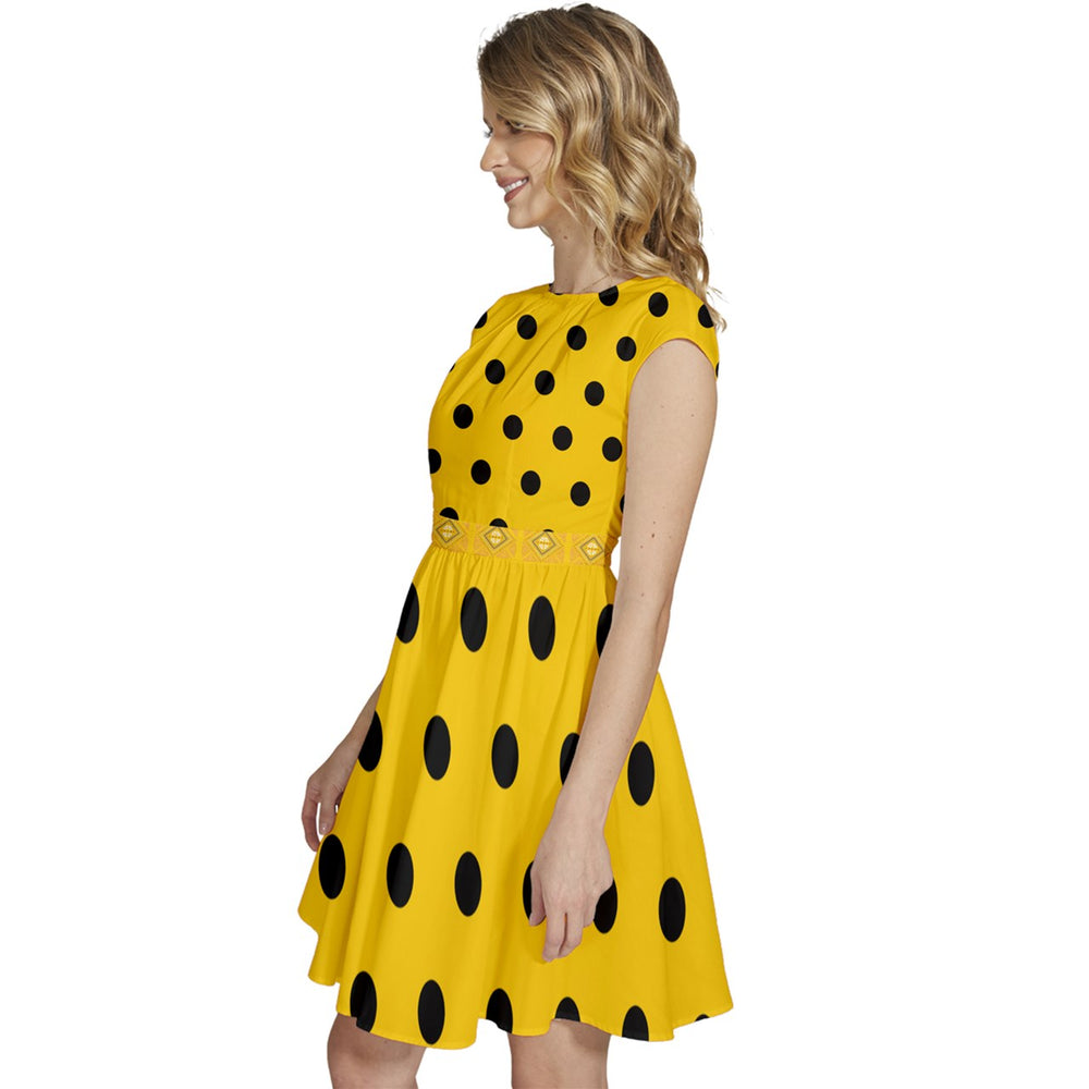 Cap Sleeve High Waist Dots Dress - Yellow