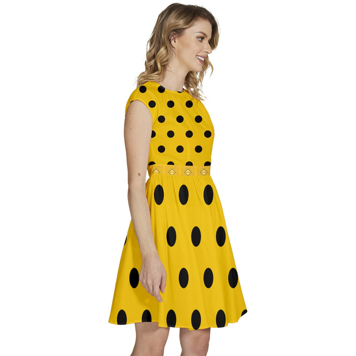 Cap Sleeve High Waist Dots Dress - Yellow