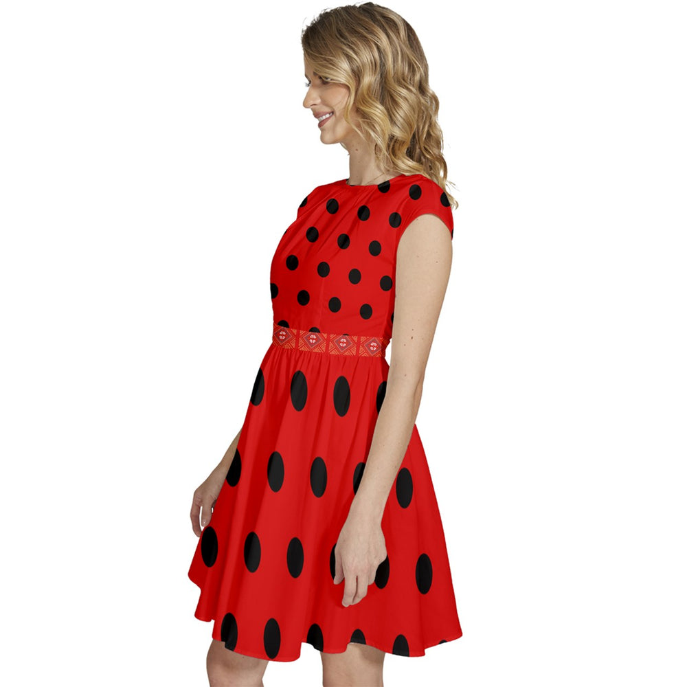 Cap Sleeve High Waist Dots Dress - Red