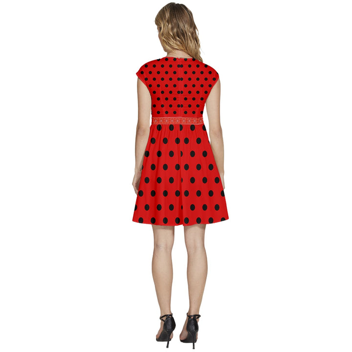Cap Sleeve High Waist Dots Dress - Red