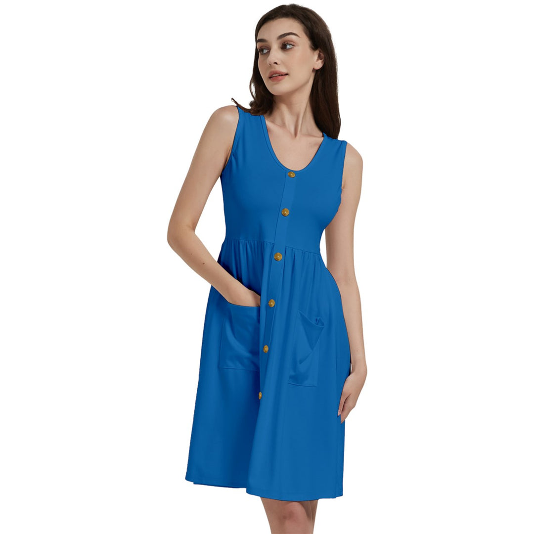 Gold buttons Sleeveless Dress With Pocket - Blue