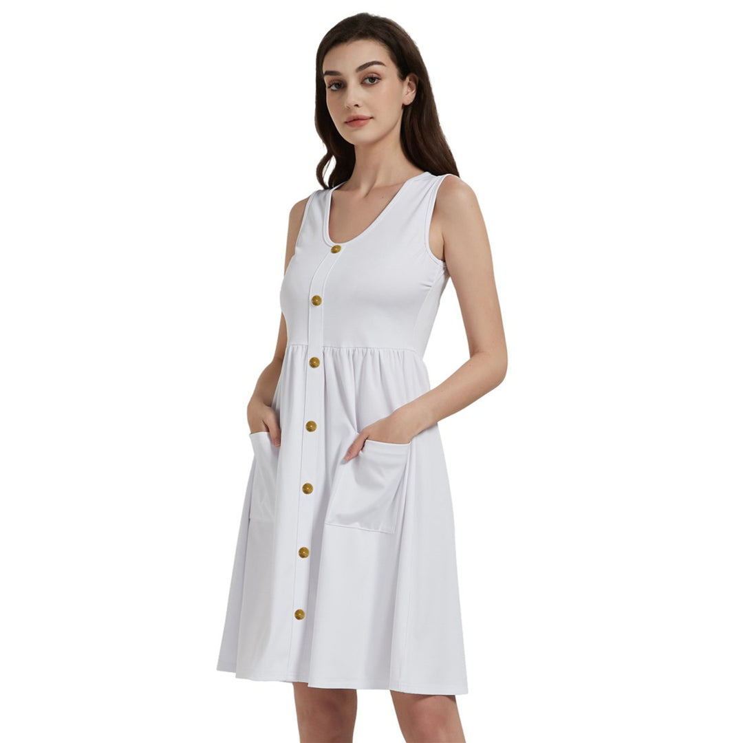 Gold buttons Sleeveless Dress With Pocket - White