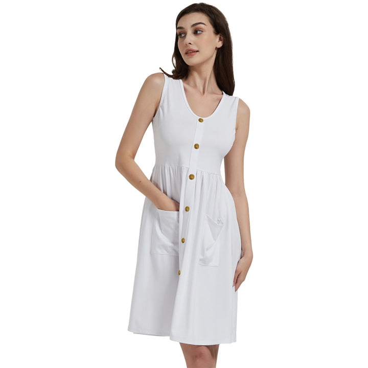 Gold buttons Sleeveless Dress With Pocket - White