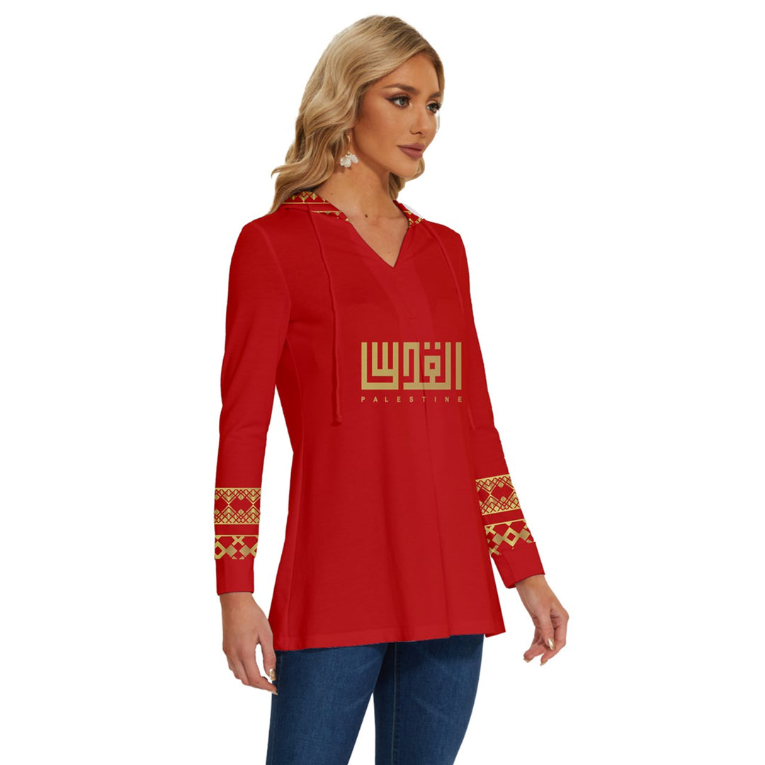 Long Sleeve Drawstring Hooded Top - Red