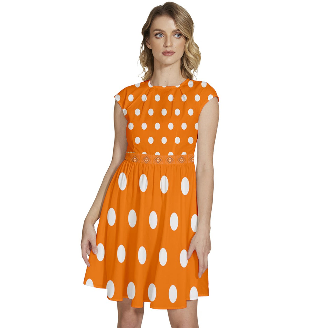 Cap Sleeve High Waist Dots Dress - Orange