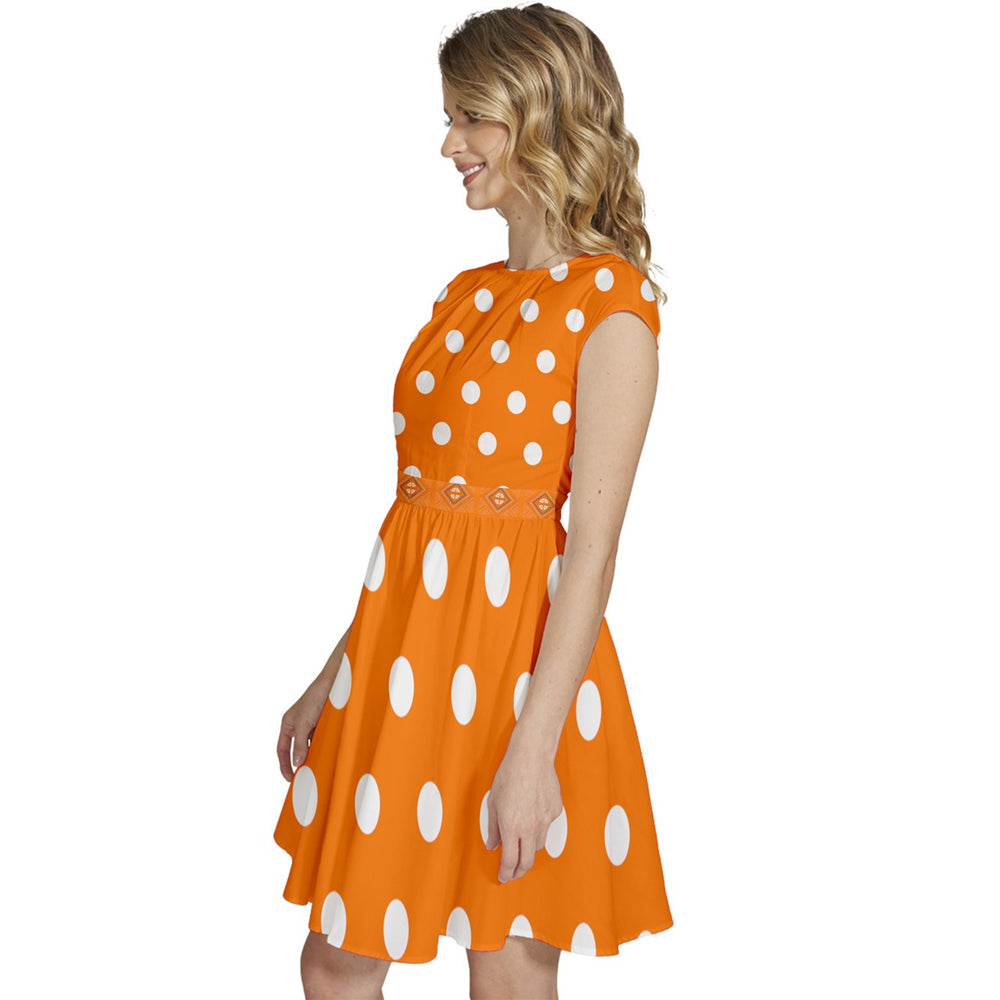 فستان منقط بأكمام كاب وخصر مرتفع - برتقالي