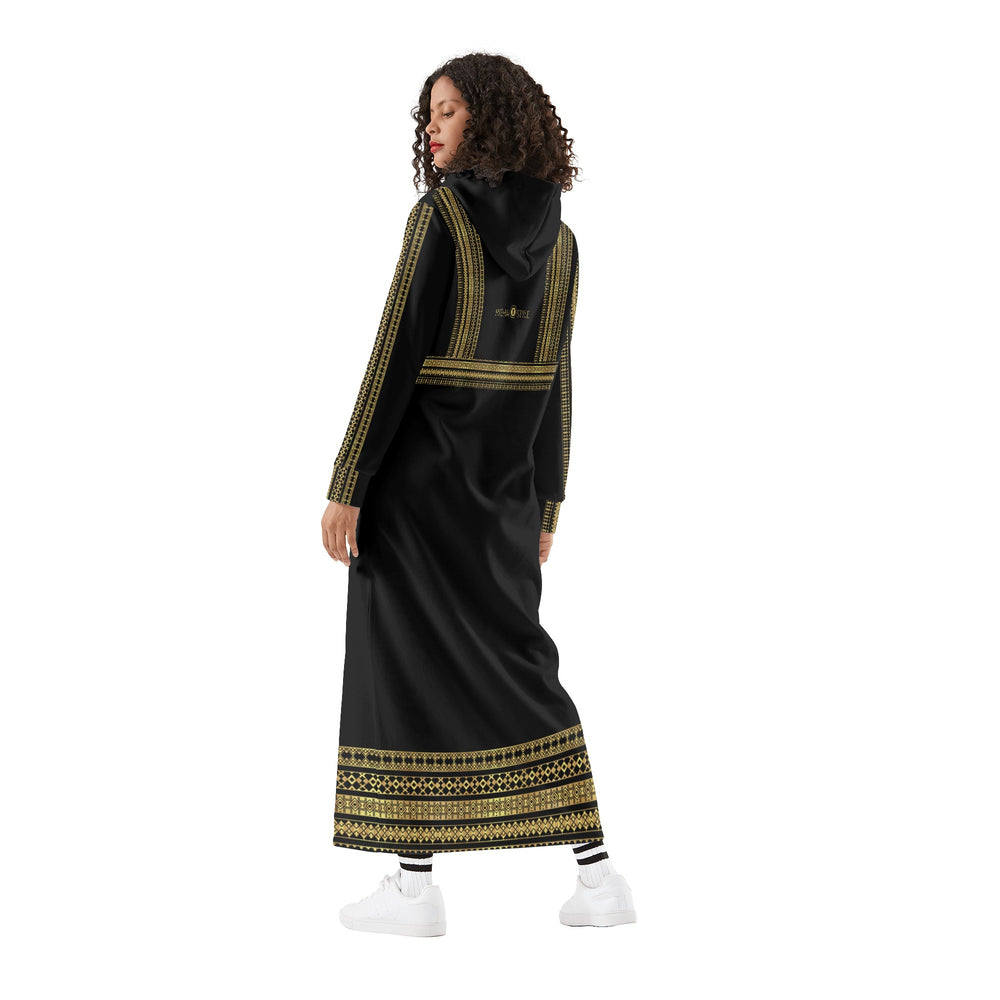 فستان نسائي فلسطيني كاجوال طويل بقلنسوة - أسود
