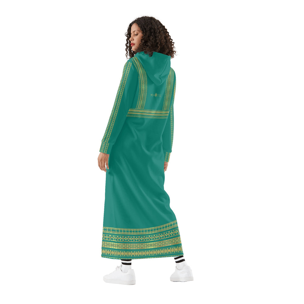 Palestinian Women Casual Long Hoodie Dress - Celadon Green