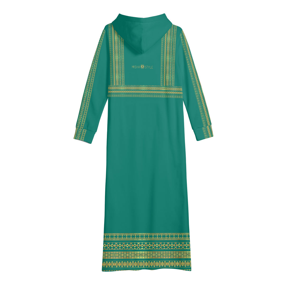 Palestinian Women Casual Long Hoodie Dress - Celadon Green