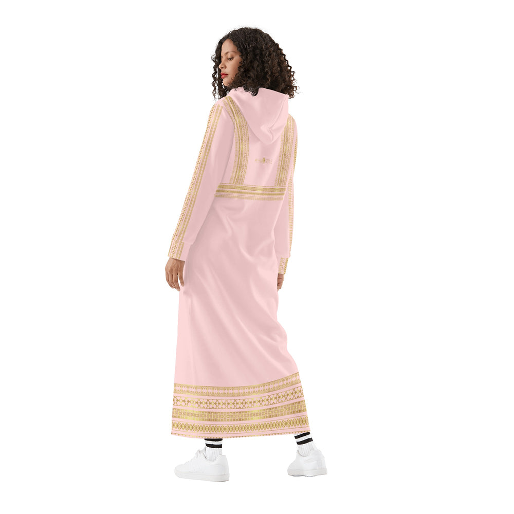 فستان نسائي فلسطيني كاجوال طويل بقلنسوة - وردي شامبانيا