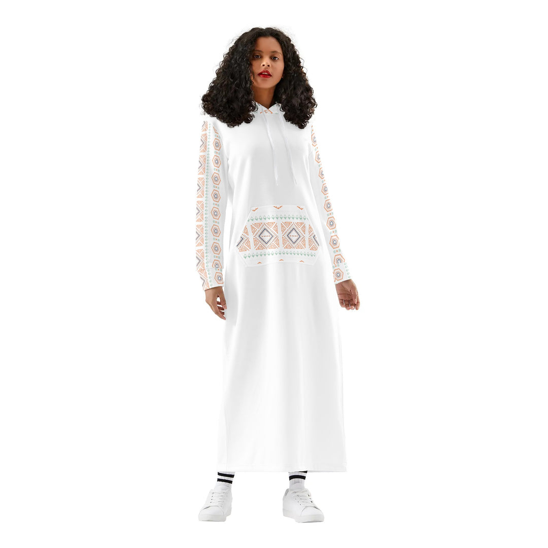 فستان نسائي فلسطيني كاجوال طويل بقلنسوة - أبيض