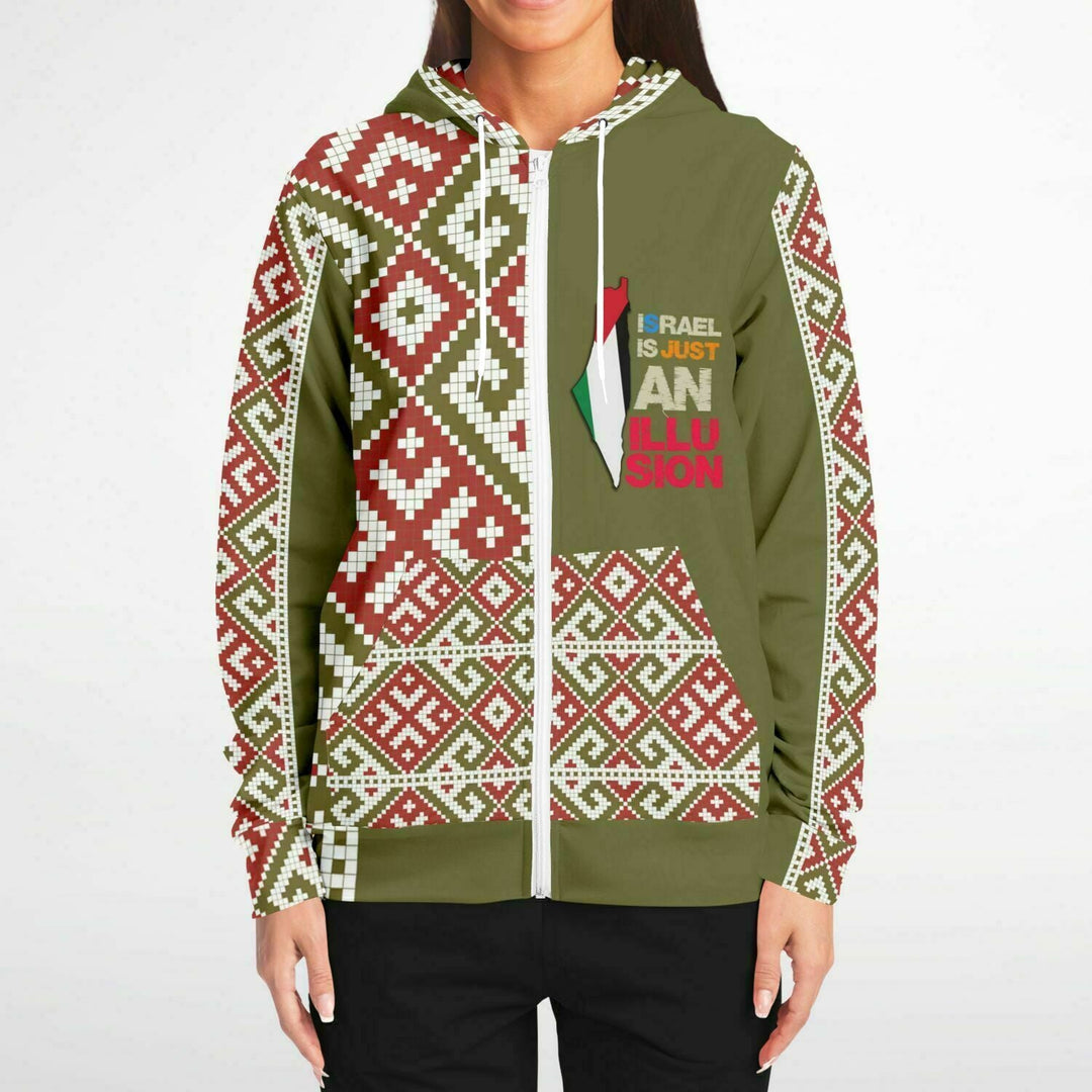 Print Palestinian Embroidery Women Athletic Zip-Up Hoodie - Olive