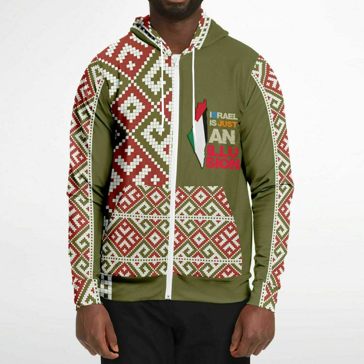 Print Palestinian Embroidery Athletic Zip-Up Hoodie - Olive