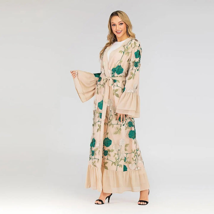2PCS Luxury Floral Embroidery Elegant Abaya - Beige - Mishastyle