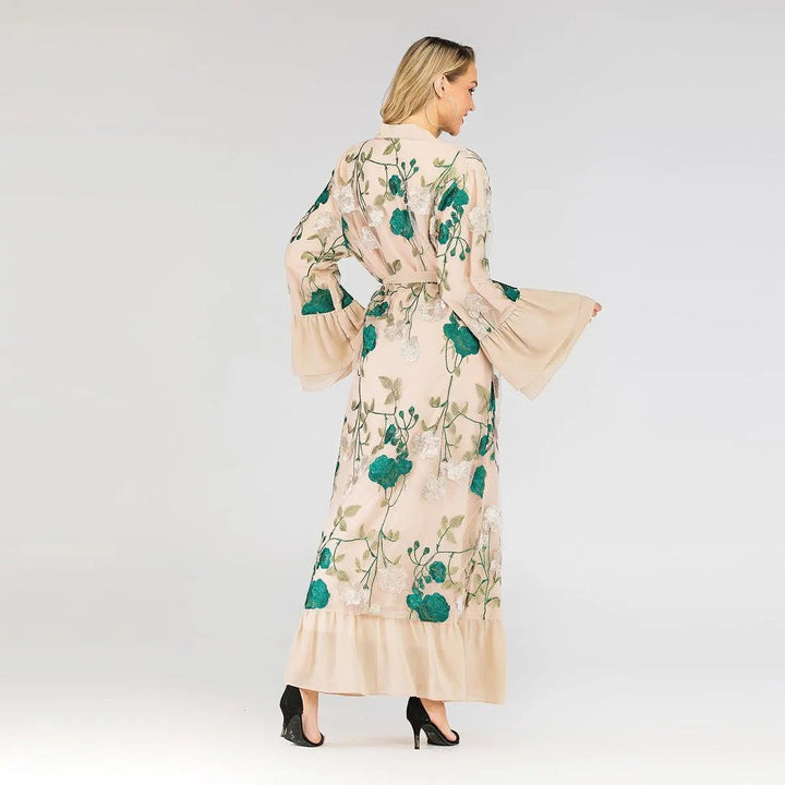 2PCS Luxury Floral Embroidery Elegant Abaya - Beige - Mishastyle