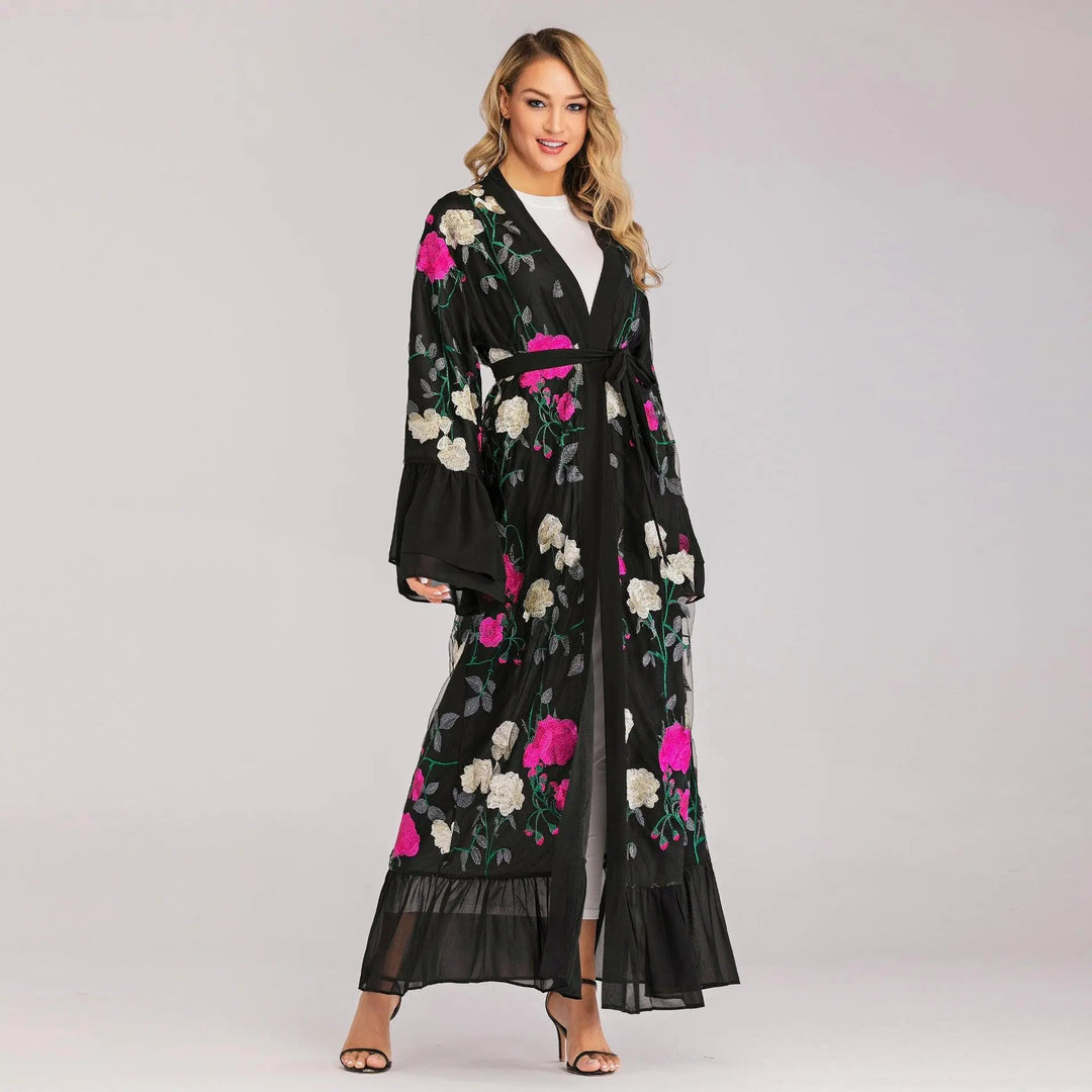 2PCS Luxury Floral Embroidery Elegant Abaya - Black - Mishastyle
