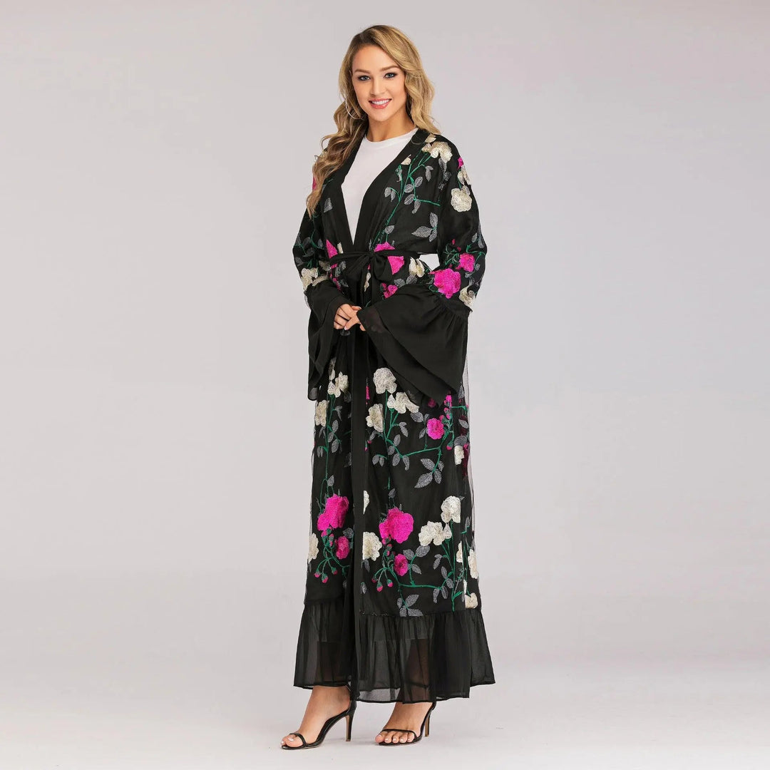 2PCS Luxury Floral Embroidery Elegant Abaya - Black - Mishastyle