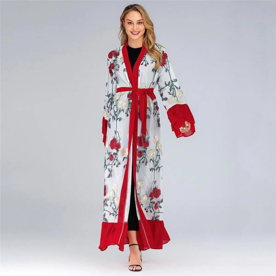 2PCS Luxury Floral Embroidery Elegant Abaya - Red - Mishastyle