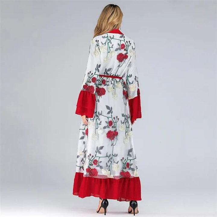 2PCS Luxury Floral Embroidery Elegant Abaya - Red - Mishastyle