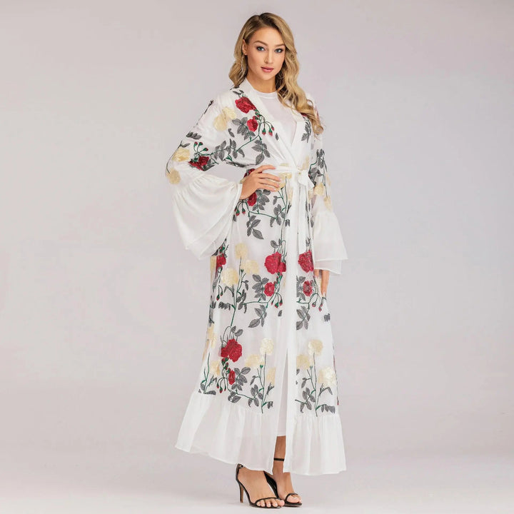 2PCS Luxury Floral Embroidery Elegant Abaya - White - Mishastyle