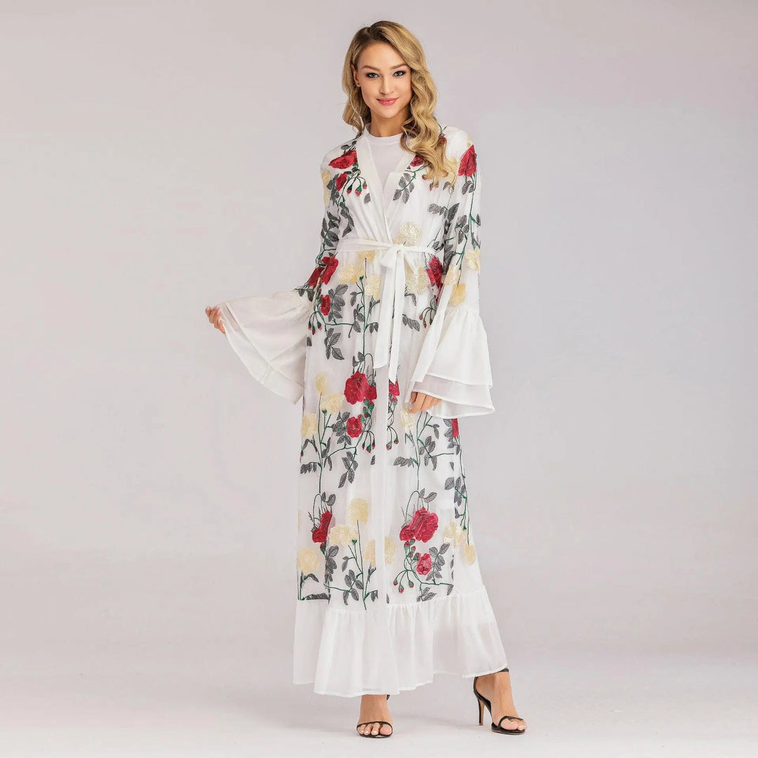 2PCS Luxury Floral Embroidery Elegant Abaya - White - Mishastyle