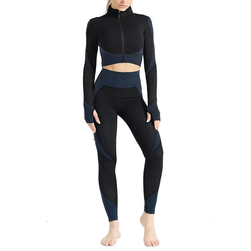 3 Piece Windproof Seamless Yoga Suits - Blue - Mishastyle