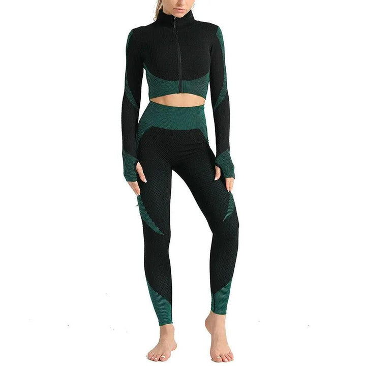 3 Piece Windproof Seamless Yoga Suits - Green - Mishastyle