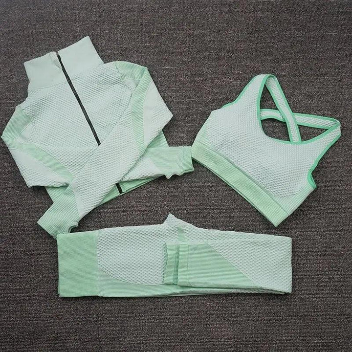 3 Piece Windproof Seamless Yoga Suits - Green - Mishastyle
