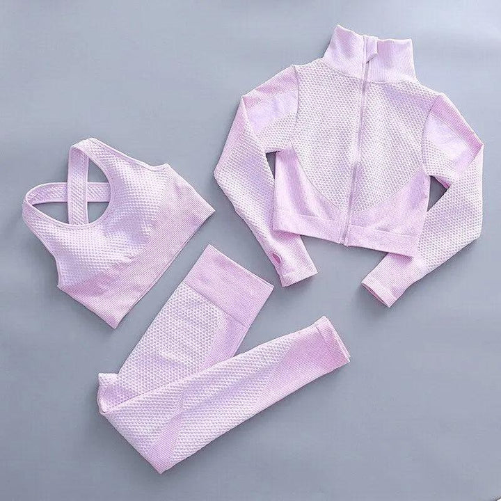 3 Piece Windproof Seamless Yoga Suits - Pink - Mishastyle