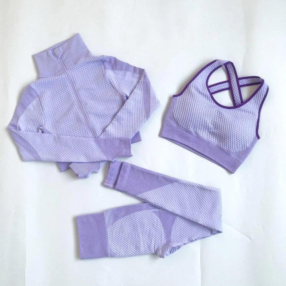 3 Piece Windproof Seamless Yoga Suits - Purple - Mishastyle