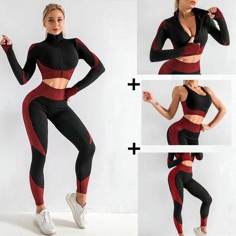 3 Piece Windproof Seamless Yoga Suits - Red - Mishastyle