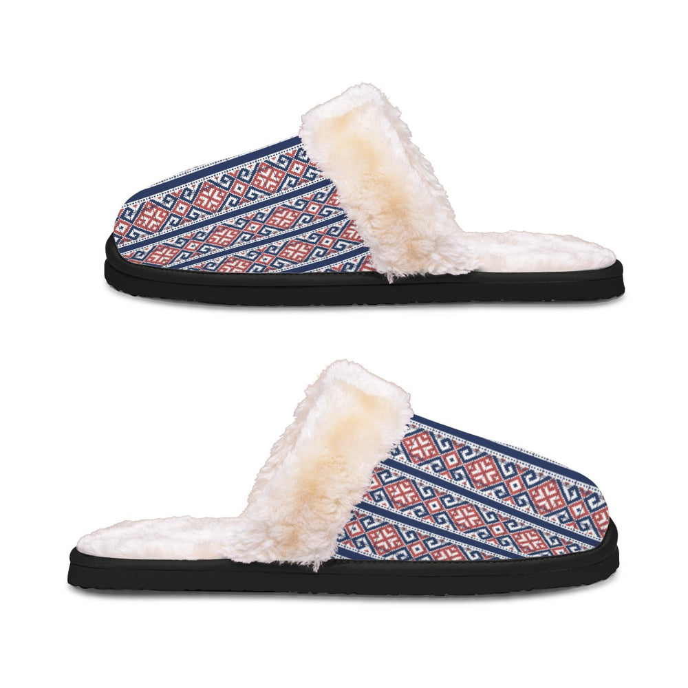 Fake Palestinian embroidery Men's Home Plush Slippers - Dark Blue