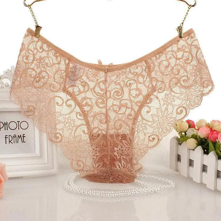 5PCS Sexy Bow transparent lace Thongs - Beige - Mishastyle