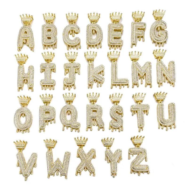 A-Z Drip Crown Zircon Letters Necklaces - Gold - Mishastyle