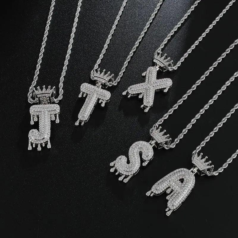 A-Z Drip Crown Zircon Letters Necklaces - Silver - Mishastyle