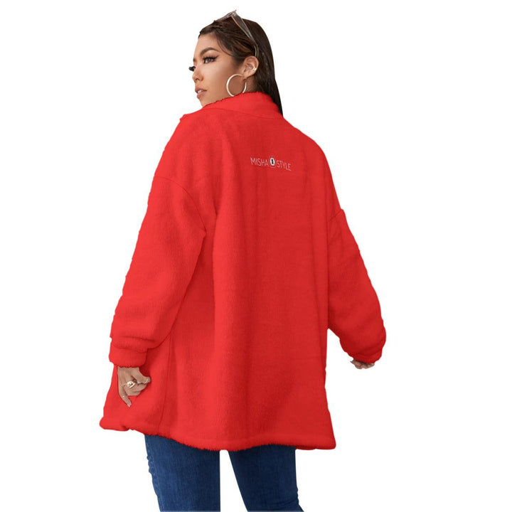 Borg Fleece Coat With Zipper Closure - Red - Mishastyle