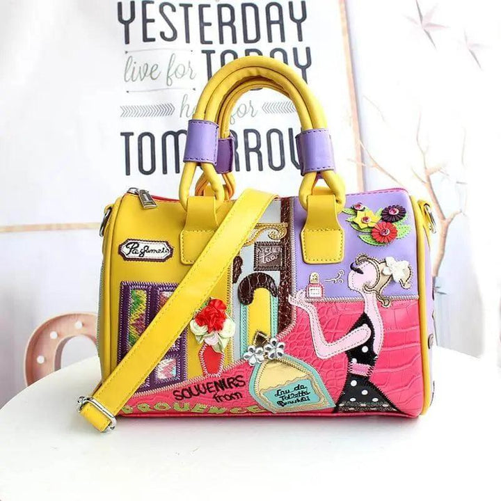 Cartoon M Embroidered Handbag - Yellow - Mishastyle