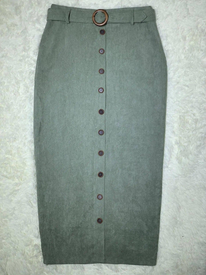 Corduroy Belt Stylish Long Skirt - Mishastyle