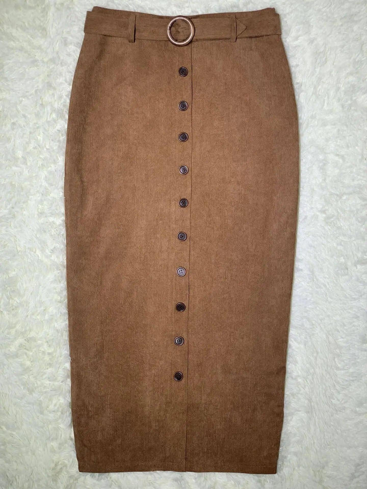 Corduroy Belt Stylish Long Skirt - Mishastyle