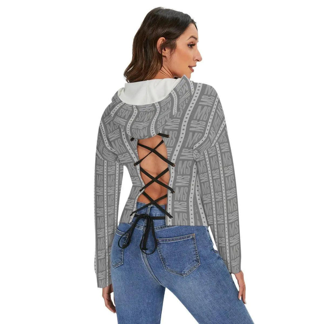 Drop-shoulder Backless Hoodie With String - Gray - Mishastyle