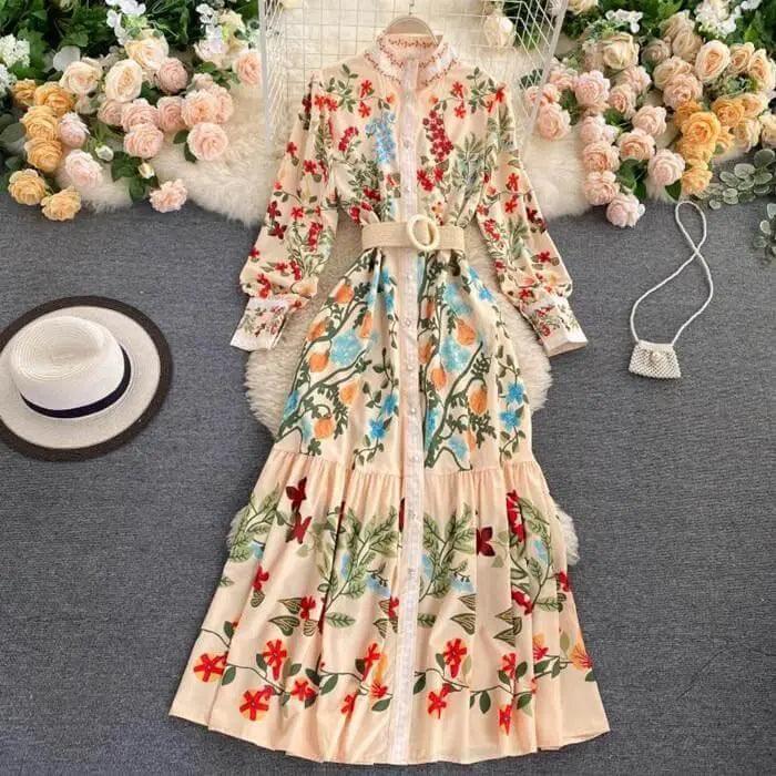 European Vintage Classy Floral Long Dress - Mishastyle