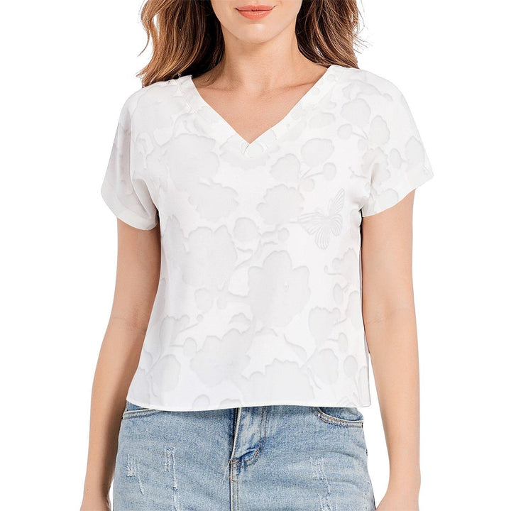 Floral Batwing Sleeve V-Neck Top - White - Mishastyle
