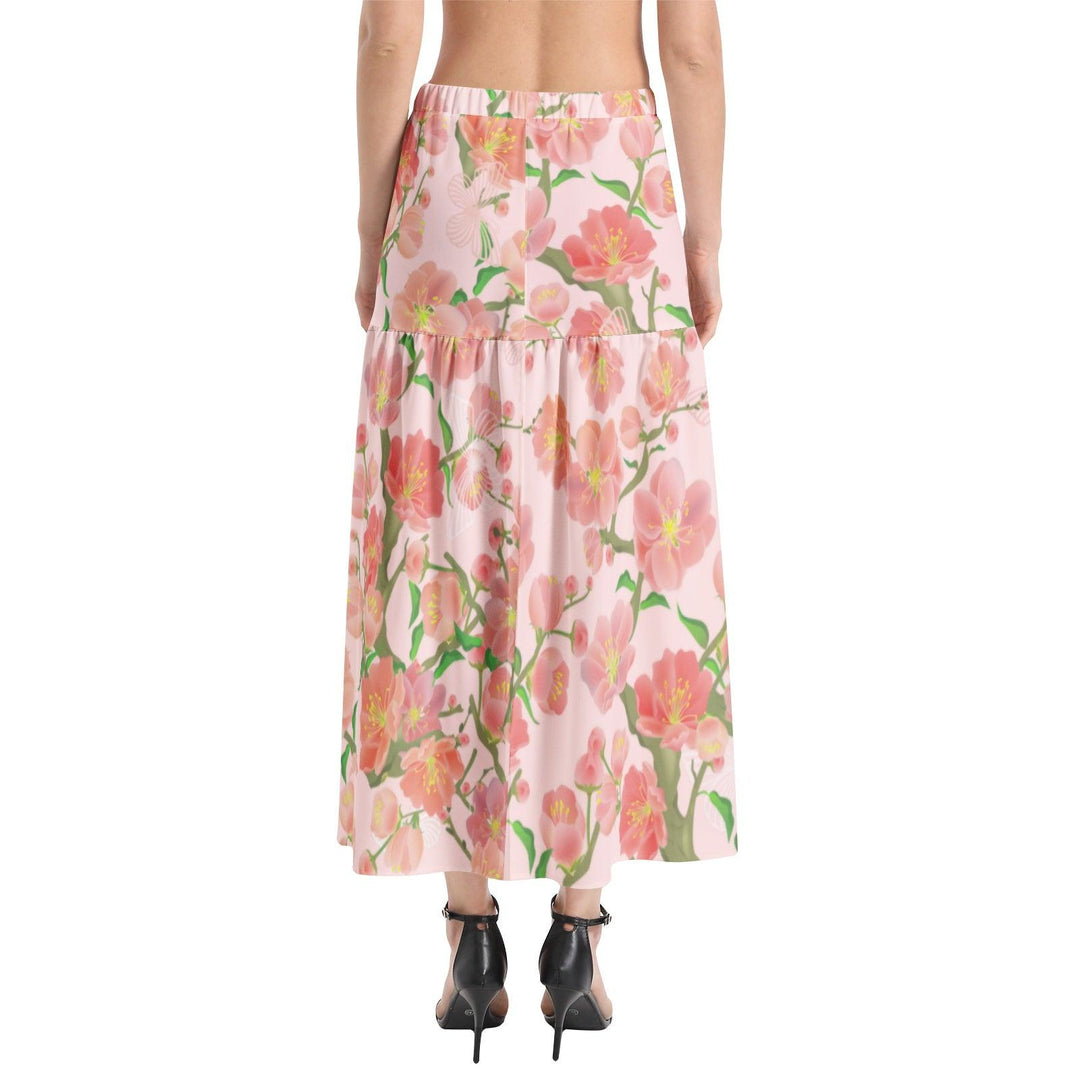 Floral Elastic Waist Ruffle Slit Hem Skirt - Mishastyle