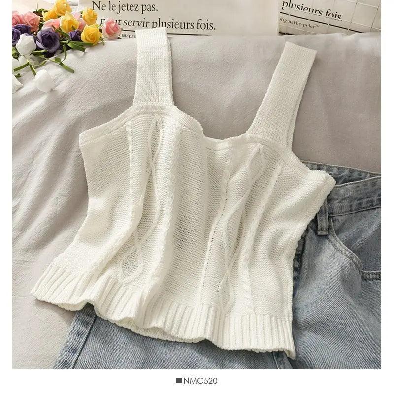 Floral Embroidery Knitted Crop Camis Top - Mishastyle