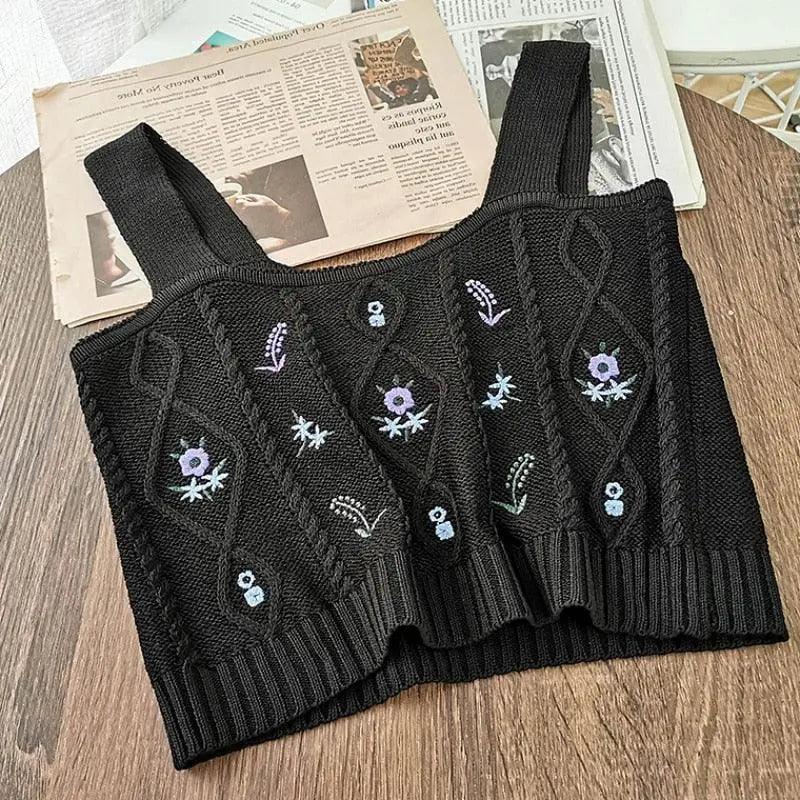Floral Embroidery Knitted Crop Camis Top - Mishastyle