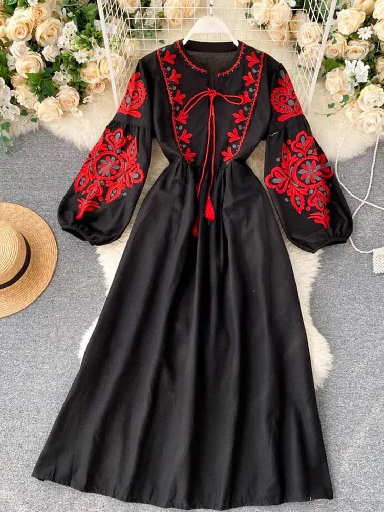 Floral O-Neck Embroidered Dress - Mishastyle
