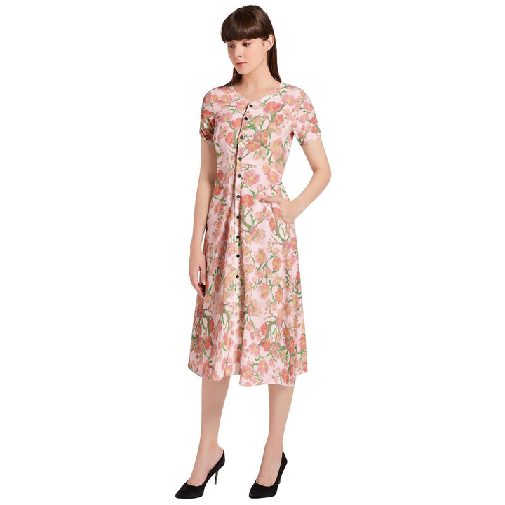 Floral Puff Sleeve Button Through Dress - Mishastyle